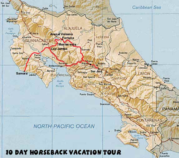 Costa Rica horseback riding vacation tour map