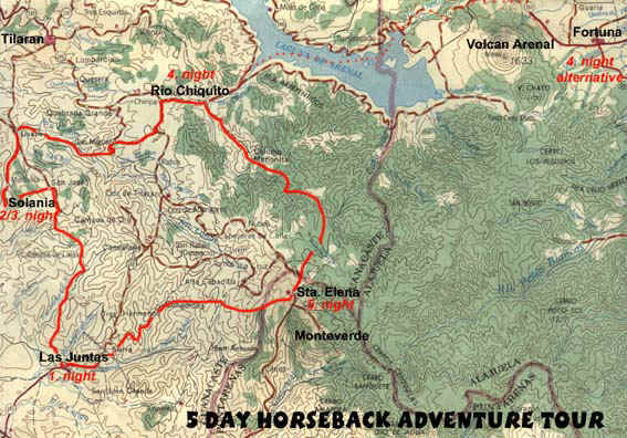 costa rica map monteverde arenal volcano horseback adventure tour